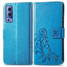 Custodia Portafoglio In Pelle Fiori Cover con Supporto per Vivo Y75s 5G Blu