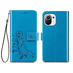 Custodia Portafoglio In Pelle Fiori Cover con Supporto per Xiaomi Mi 11 5G Blu
