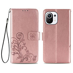 Custodia Portafoglio In Pelle Fiori Cover con Supporto per Xiaomi Mi 11 5G Rosa