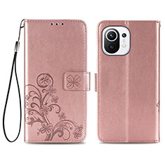 Custodia Portafoglio In Pelle Fiori Cover con Supporto per Xiaomi Mi 11 Lite 4G Rosa