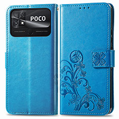 Custodia Portafoglio In Pelle Fiori Cover con Supporto per Xiaomi Poco C40 Blu