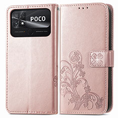 Custodia Portafoglio In Pelle Fiori Cover con Supporto per Xiaomi Poco C40 Rosa