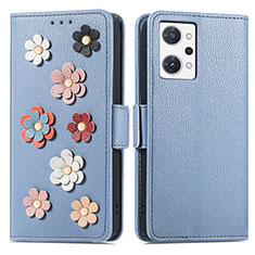 Custodia Portafoglio In Pelle Fiori Cover con Supporto S02D per Oppo Reno7 A Blu