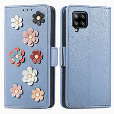 Custodia Portafoglio In Pelle Fiori Cover con Supporto S02D per Samsung Galaxy A42 5G Blu