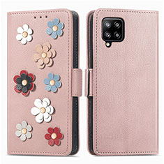 Custodia Portafoglio In Pelle Fiori Cover con Supporto S02D per Samsung Galaxy A42 5G Oro Rosa