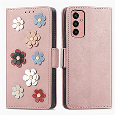 Custodia Portafoglio In Pelle Fiori Cover con Supporto S02D per Samsung Galaxy F13 4G Oro Rosa
