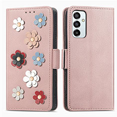 Custodia Portafoglio In Pelle Fiori Cover con Supporto S02D per Samsung Galaxy F23 5G Oro Rosa