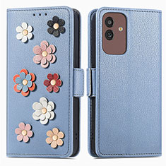 Custodia Portafoglio In Pelle Fiori Cover con Supporto S02D per Samsung Galaxy M13 5G Blu