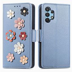 Custodia Portafoglio In Pelle Fiori Cover con Supporto S02D per Samsung Galaxy M32 5G Blu