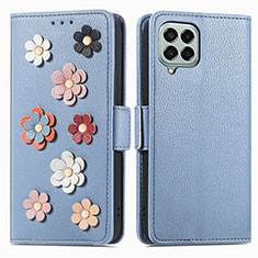 Custodia Portafoglio In Pelle Fiori Cover con Supporto S02D per Samsung Galaxy M33 5G Blu