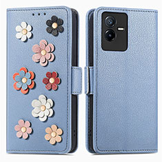 Custodia Portafoglio In Pelle Fiori Cover con Supporto S02D per Vivo iQOO Z6x Blu