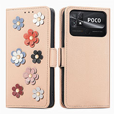 Custodia Portafoglio In Pelle Fiori Cover con Supporto S02D per Xiaomi Poco C40 Khaki