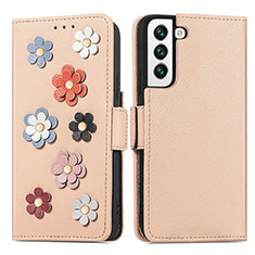 Custodia Portafoglio In Pelle Fiori Cover con Supporto S04D per Samsung Galaxy S21 5G Oro