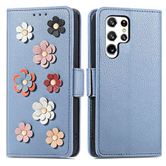 Custodia Portafoglio In Pelle Fiori Cover con Supporto S04D per Samsung Galaxy S21 Ultra 5G Blu