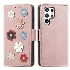 Custodia Portafoglio In Pelle Fiori Cover con Supporto S04D per Samsung Galaxy S21 Ultra 5G Oro Rosa