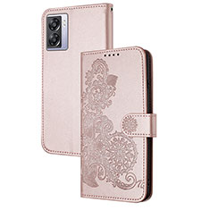 Custodia Portafoglio In Pelle Fiori Cover con Supporto Y01X per Oppo A57 5G Oro Rosa