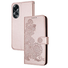Custodia Portafoglio In Pelle Fiori Cover con Supporto Y01X per Oppo A58 4G Oro Rosa