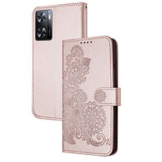 Custodia Portafoglio In Pelle Fiori Cover con Supporto Y01X per Oppo A77 4G Oro Rosa