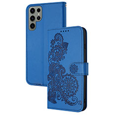 Custodia Portafoglio In Pelle Fiori Cover con Supporto Y01X per Samsung Galaxy S22 Ultra 5G Blu