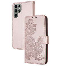 Custodia Portafoglio In Pelle Fiori Cover con Supporto Y01X per Samsung Galaxy S22 Ultra 5G Oro Rosa