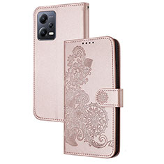 Custodia Portafoglio In Pelle Fiori Cover con Supporto Y01X per Xiaomi Redmi Note 12 5G Oro Rosa