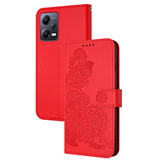 Custodia Portafoglio In Pelle Fiori Cover con Supporto Y01X per Xiaomi Redmi Note 12 5G Rosso