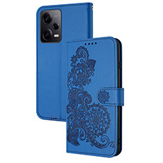 Custodia Portafoglio In Pelle Fiori Cover con Supporto Y01X per Xiaomi Redmi Note 12 Explorer Blu