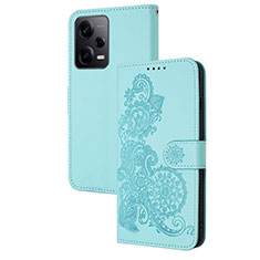 Custodia Portafoglio In Pelle Fiori Cover con Supporto Y01X per Xiaomi Redmi Note 12 Pro 5G Azzurro