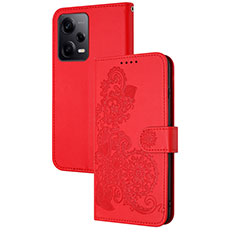 Custodia Portafoglio In Pelle Fiori Cover con Supporto Y01X per Xiaomi Redmi Note 12 Pro 5G Rosso