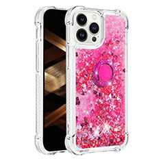 Custodia Silicone Cover Morbida Bling-Bling con Anello Supporto S01 per Apple iPhone 14 Pro Max Rosa Caldo