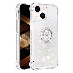 Custodia Silicone Cover Morbida Bling-Bling con Anello Supporto S01 per Apple iPhone 15 Argento