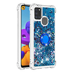 Custodia Silicone Cover Morbida Bling-Bling con Anello Supporto S01 per Samsung Galaxy A21s Blu