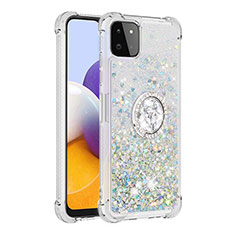 Custodia Silicone Cover Morbida Bling-Bling con Anello Supporto S01 per Samsung Galaxy A22 5G Argento