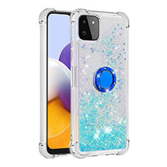 Custodia Silicone Cover Morbida Bling-Bling con Anello Supporto S01 per Samsung Galaxy A22 5G Ciano