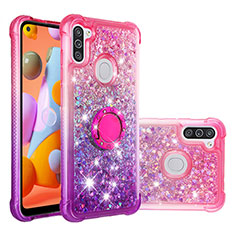 Custodia Silicone Cover Morbida Bling-Bling con Anello Supporto S02 per Samsung Galaxy A11 Rosa Caldo