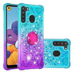 Custodia Silicone Cover Morbida Bling-Bling con Anello Supporto S02 per Samsung Galaxy A21 Cielo Blu