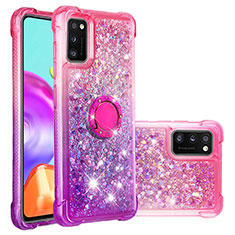 Custodia Silicone Cover Morbida Bling-Bling con Anello Supporto S02 per Samsung Galaxy A41 Rosa Caldo