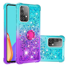 Custodia Silicone Cover Morbida Bling-Bling con Anello Supporto S02 per Samsung Galaxy A52 5G Cielo Blu