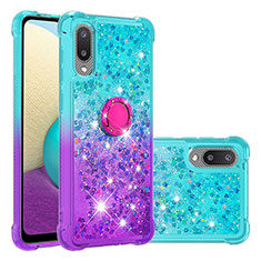 Custodia Silicone Cover Morbida Bling-Bling con Anello Supporto S02 per Samsung Galaxy M02 Cielo Blu