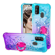 Custodia Silicone Cover Morbida Bling-Bling con Anello Supporto S02 per Samsung Galaxy M21 Cielo Blu