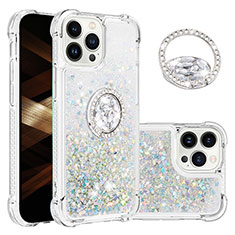 Custodia Silicone Cover Morbida Bling-Bling con Anello Supporto S03 per Apple iPhone 13 Pro Azzurro