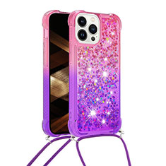 Custodia Silicone Cover Morbida Bling-Bling con Cinghia Cordino Mano S01 per Apple iPhone 13 Pro Max Rosa Caldo