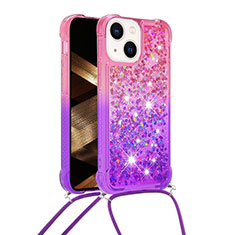 Custodia Silicone Cover Morbida Bling-Bling con Cinghia Cordino Mano S01 per Apple iPhone 13 Rosa Caldo