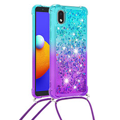 Custodia Silicone Cover Morbida Bling-Bling con Cinghia Cordino Mano S01 per Samsung Galaxy A01 Core Cielo Blu