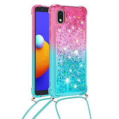 Custodia Silicone Cover Morbida Bling-Bling con Cinghia Cordino Mano S01 per Samsung Galaxy A01 Core Rosa