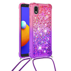 Custodia Silicone Cover Morbida Bling-Bling con Cinghia Cordino Mano S01 per Samsung Galaxy A01 Core Rosa Caldo