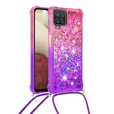 Custodia Silicone Cover Morbida Bling-Bling con Cinghia Cordino Mano S01 per Samsung Galaxy A12 Rosa Caldo