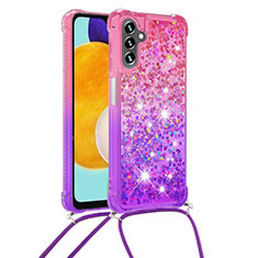 Custodia Silicone Cover Morbida Bling-Bling con Cinghia Cordino Mano S01 per Samsung Galaxy A13 5G Rosa Caldo