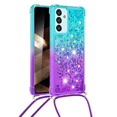Custodia Silicone Cover Morbida Bling-Bling con Cinghia Cordino Mano S01 per Samsung Galaxy A15 5G Cielo Blu