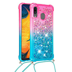 Custodia Silicone Cover Morbida Bling-Bling con Cinghia Cordino Mano S01 per Samsung Galaxy A20 Rosa